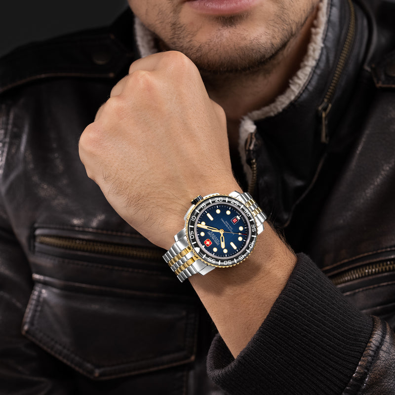 Swiss Military Hanowa Orologio Marlin Nero da Uomo 42mm Orologio da Uomo in Acciaio Inossidabile Blu/Oro Orologio da Polso Cronografo Orologio Subacqueo