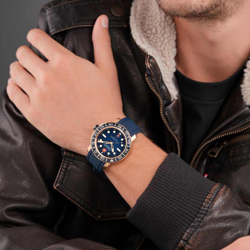 Orologio da uomo Swiss Military Hanowa Black Marlin 45mm Blu/Oro rosa Orologio da uomo in acciaio inossidabile/gomma Orologio subacqueo Cronografo