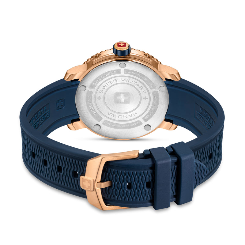 Orologio da uomo Swiss Military Hanowa Black Marlin 45mm Blu/Oro rosa Orologio da uomo in acciaio inossidabile/gomma Orologio subacqueo Cronografo