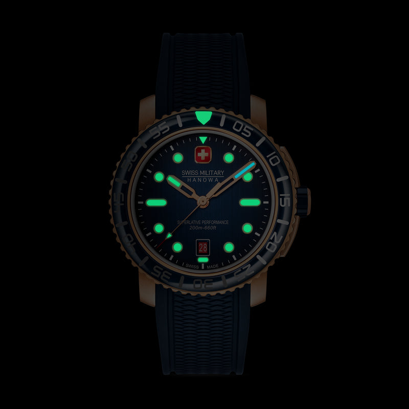 Orologio da uomo Swiss Military Hanowa Black Marlin 45mm Blu/Oro rosa Orologio da uomo in acciaio inossidabile/gomma Orologio subacqueo Cronografo