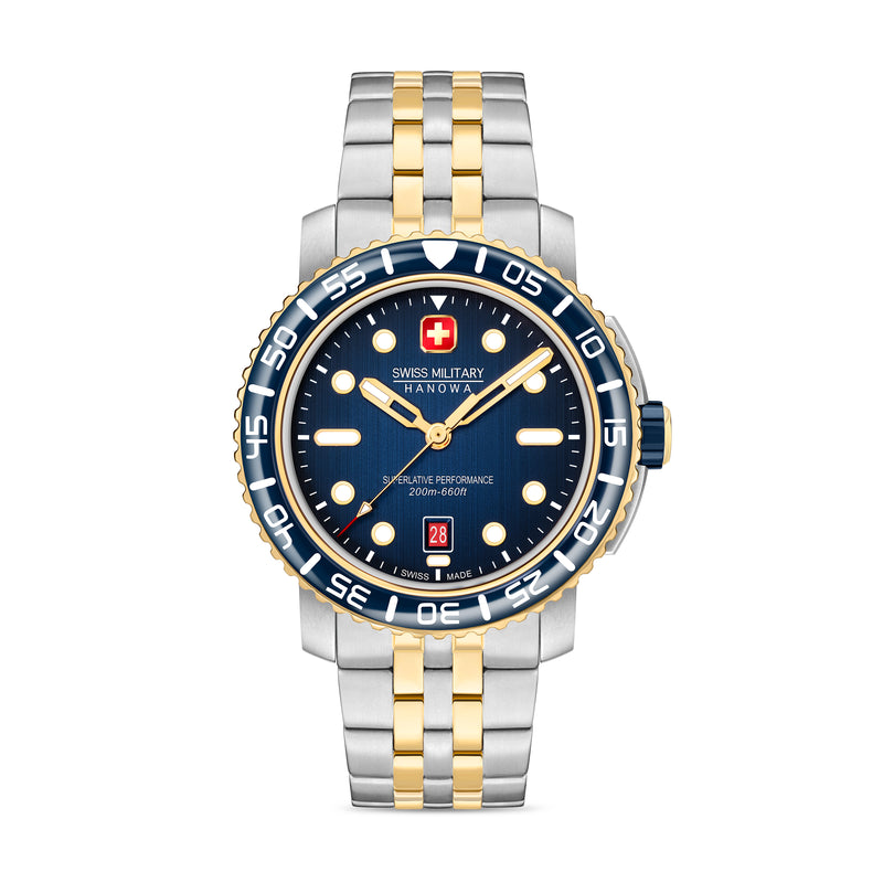 Swiss Military Hanowa Orologio Marlin Nero da Uomo 42mm Orologio da Uomo in Acciaio Inossidabile Blu/Oro Orologio da Polso Cronografo Orologio Subacqueo