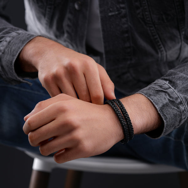 Police Men's Leather Bracelet Black/Gold Herren Armband Leder Armbänder Herrenarmband Schmuck