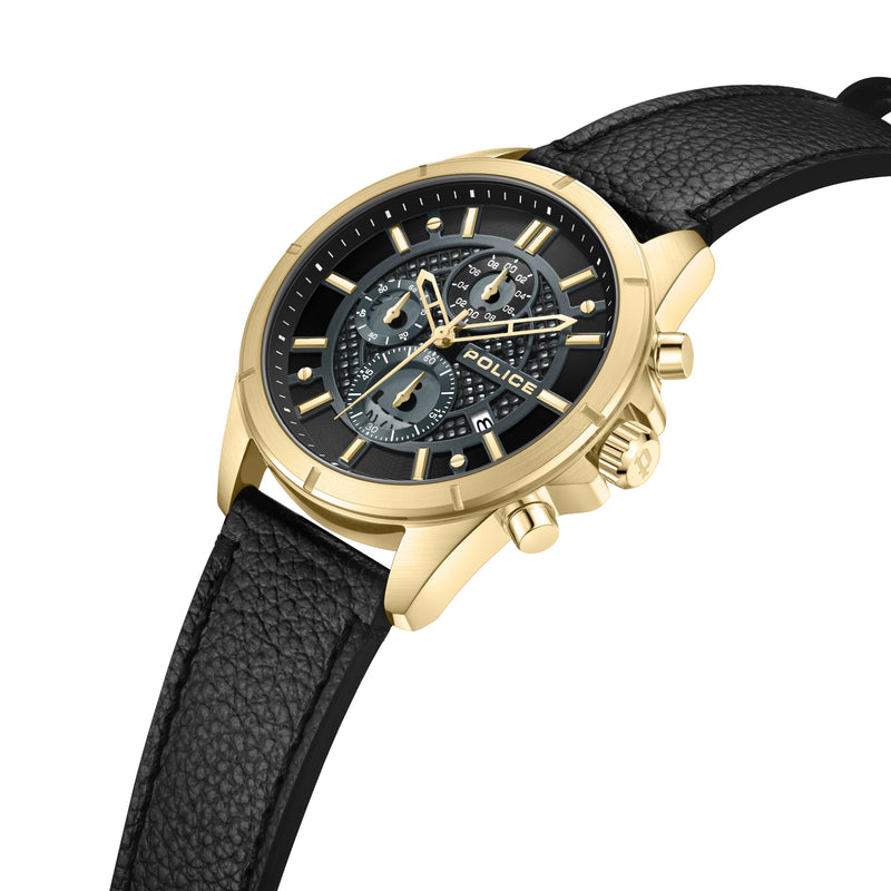 Police Herren Chronograph Uhr Leder Armband Schwarz Gold 42mm Herrenuhr Chronographen