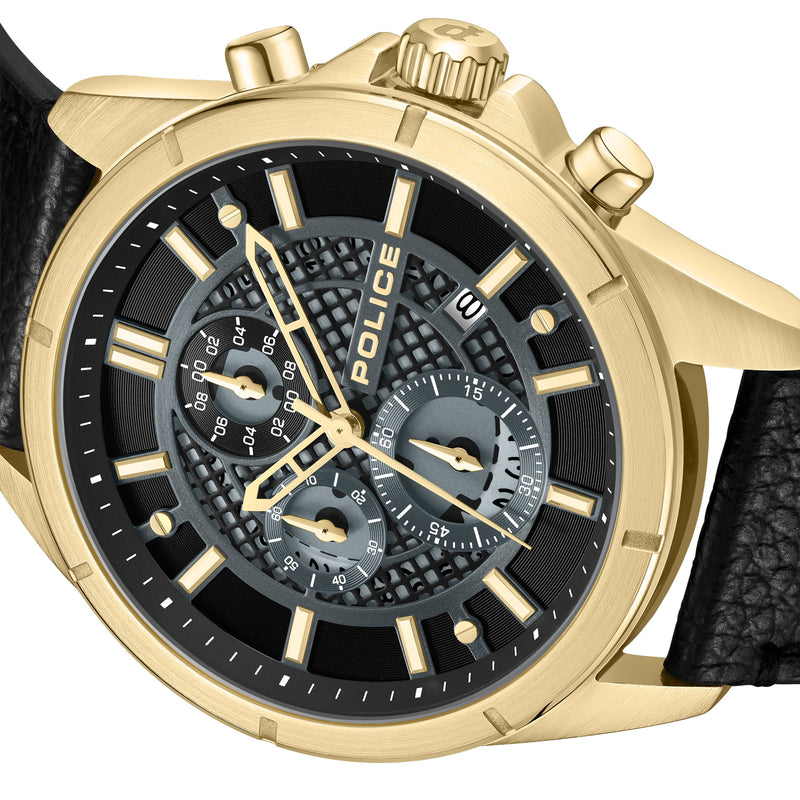 Police Herren Chronograph Uhr Leder Armband Schwarz Gold 42mm Herrenuhr Chronographen