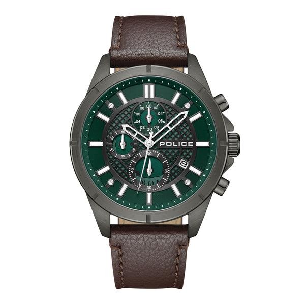 Police Men's Wristwatch Chronograph Leather Green Brown 44mm - Analogue Quartz Men's Watch with Leather Strap - Men's Watch with Chronograph Function