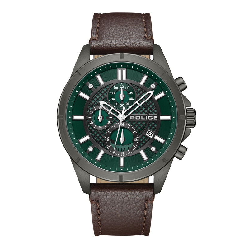 Police Herren Armbanduhr Chronograph Leder Grün Braun 44mm - Analog Quarz Herrenuhr mit Lederarmband - Herrenuhr mit Chronographenfunktion