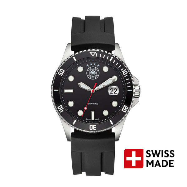 DFB Quarzuhr Herrenuhr Silikon schwarz, (Analoguhr), Herrenuhr rund, groß (ca. 42mm), Silikonarmband schwarz, Fußball-Sport