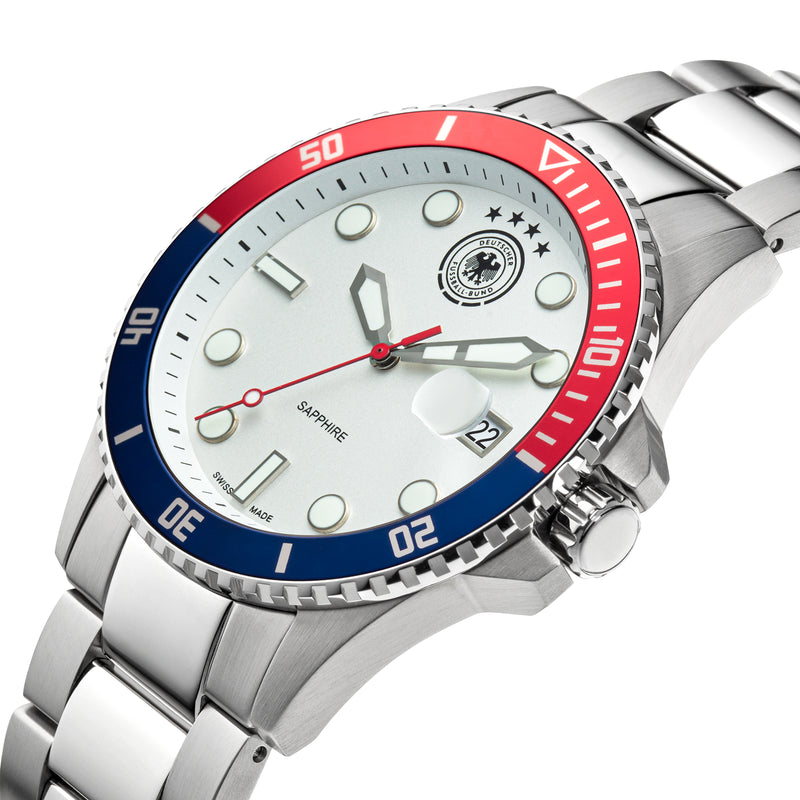 DFB Quarzuhr Herrenuhr Edelstahl silber, (Analoguhr), Herrenuhr rund, groß (42mm), Edelstahlarmband silber, Fußball-Sport