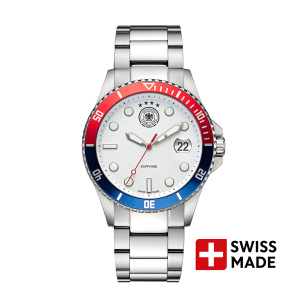DFB Quarzuhr Herrenuhr Edelstahl silber, (Analoguhr), Herrenuhr rund, groß (42mm), Edelstahlarmband silber, Fußball-Sport
