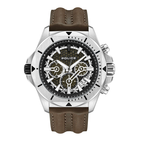Orologio cronografo da uomo Police Bracciale in pelle Marrone Argento 42 mm Orologio da uomo Cronografo da uomo