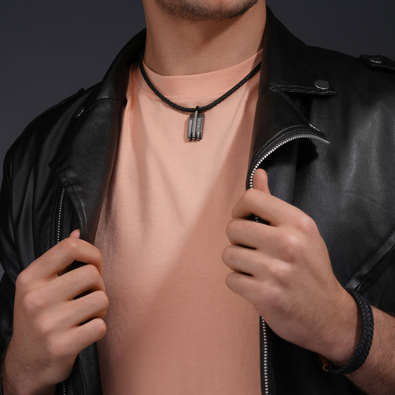 Police Men's Necklace Leather Black Stainless Steel Chain Pendant Collar Men's Chain