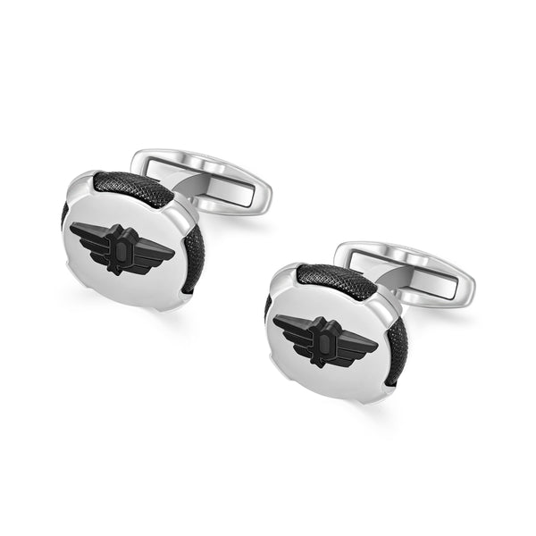 Police Herren Manschettenknöpfe Schwarz Silber Leder Metall Cufflinks Knöpfe Manschettenknöpfe Herren