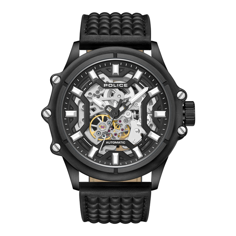 Police Herren Armbanduhr Automatik Leder Schwarz 44mm - Herrenuhr Chronograph Uhrwerk