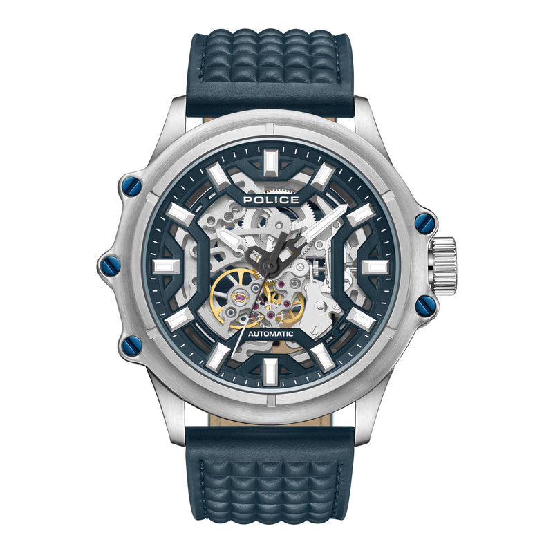 Police Men's Wristwatch Automatic Blue Silver Leather 42mm Men's Watch Analogue Watch Hand Winding