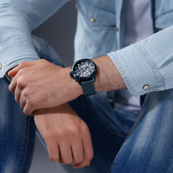 Orologio da uomo Police Cronografo Blu 44 mm Orologio da uomo in acciaio inossidabile/silicone Orologio sportivo con bracciali