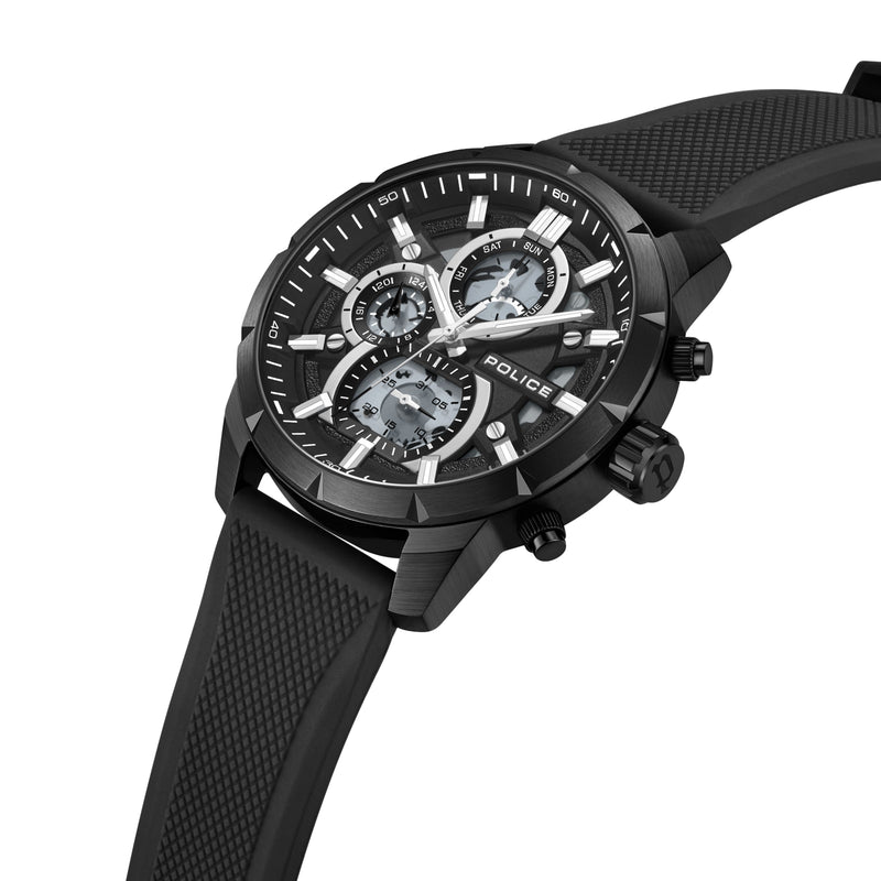 Police Orologio da uomo Cronografo Analogico Nero 44 mm Acciaio inossidabile/Silicone Orologio da polso Cronografo Orologi da uomo