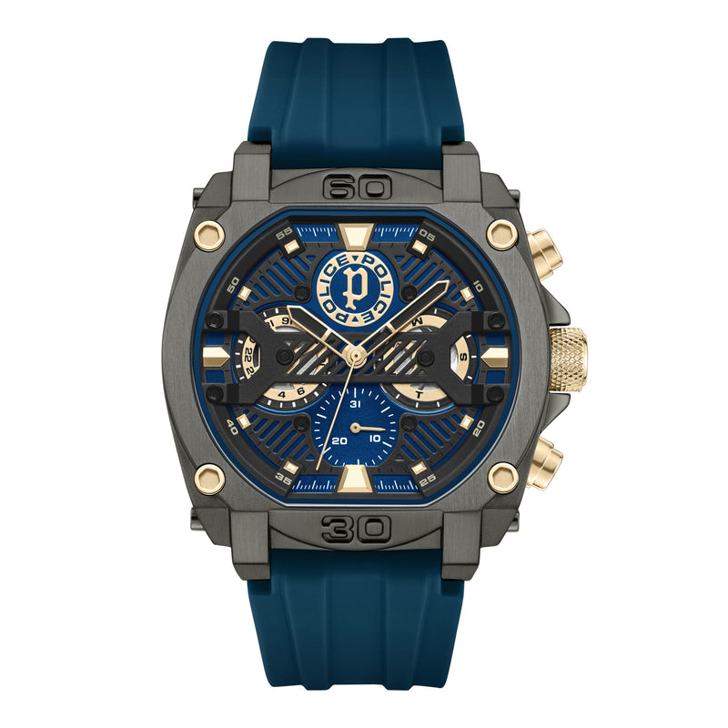 Police Herren Armbanduhr Chronograph Analog Quarz Blau Gold 44 mm Edelstahl Silikon Herrenuhr Uhren