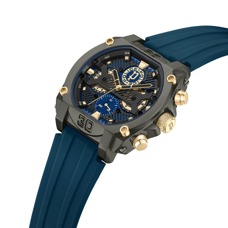 Police Herren Armbanduhr Chronograph Analog Quarz Blau Gold 44 mm Edelstahl Silikon Herrenuhr Uhren