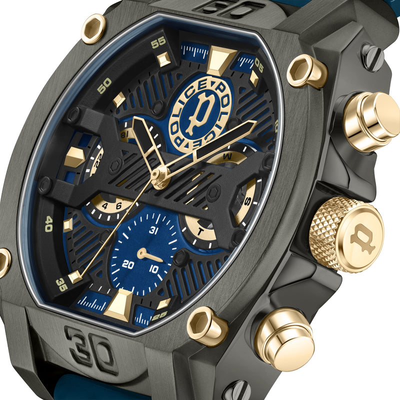 Police Herren Armbanduhr Chronograph Analog Quarz Blau Gold 44 mm Edelstahl Silikon Herrenuhr Uhren