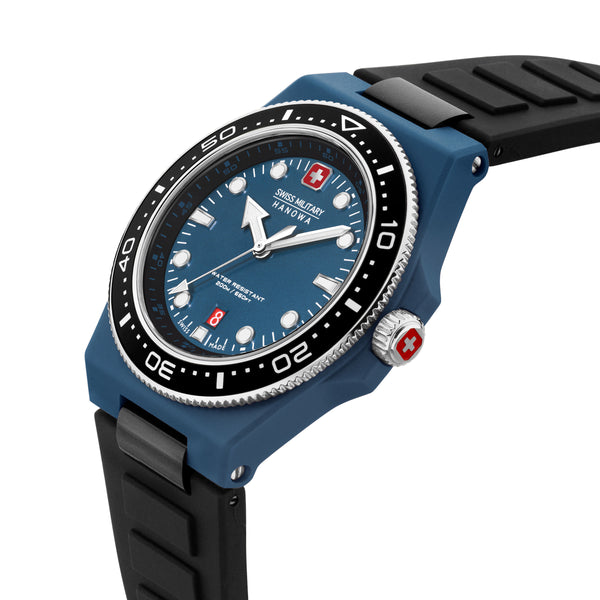 Swiss Military Hanowa Orologio da polso unisex Ocean Pioneer Blu/Nero 42 mm Silicone/Acciaio inossidabile Orologio da polso da uomo Cronografo Orologio subacqueo