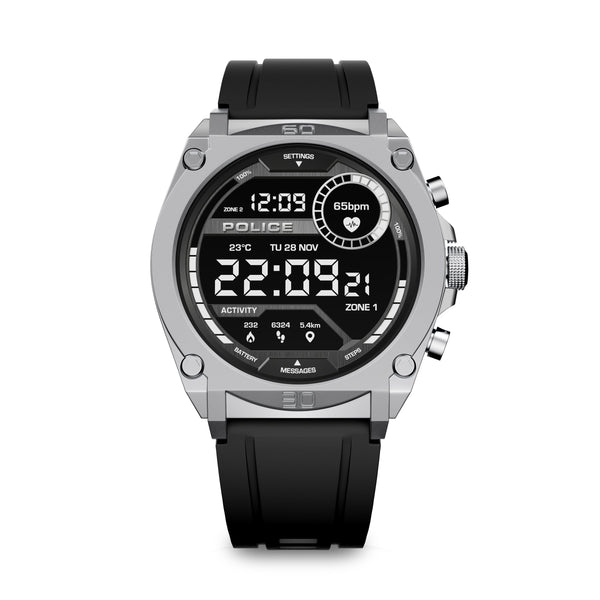 Police Herren Smartwatch Schwarz/Silber Edelstahl/Silikon Armband Smartwatch Fitness Tracker Herzfrequenzmesser Digital Uhr