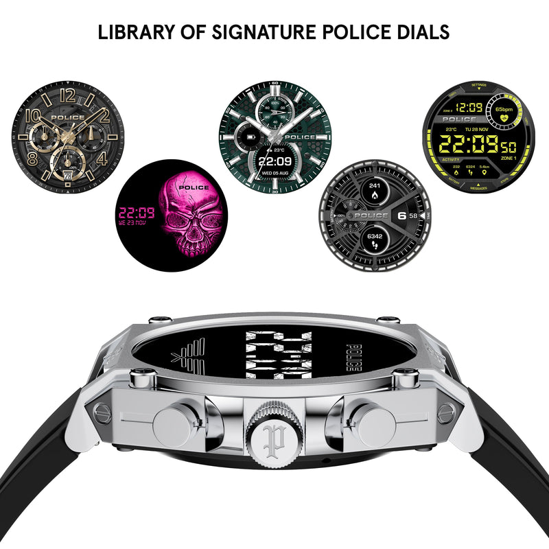 Police Herren Smartwatch Schwarz/Silber Edelstahl/Silikon Armband Smartwatch Fitness Tracker Herzfrequenzmesser Digital Uhr