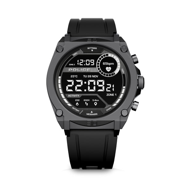 Police Herren Smartwatch mit Pulsmessung, Aktivitäts-Tracker, Schwarz, Einheitsgröße, Silikon/Edelstahl, Sportuhr, Fitnessuhr, Smartwatch Männer