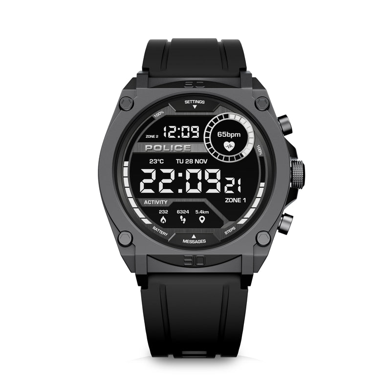 Police Herren Smartwatch mit Pulsmessung, Aktivitäts-Tracker, Schwarz, Einheitsgröße, Silikon/Edelstahl, Sportuhr, Fitnessuhr, Smartwatch Männer
