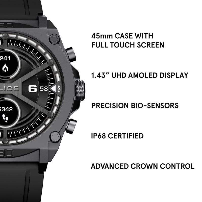 Police Herren Smartwatch mit Pulsmessung, Aktivitäts-Tracker, Schwarz, Einheitsgröße, Silikon/Edelstahl, Sportuhr, Fitnessuhr, Smartwatch Männer