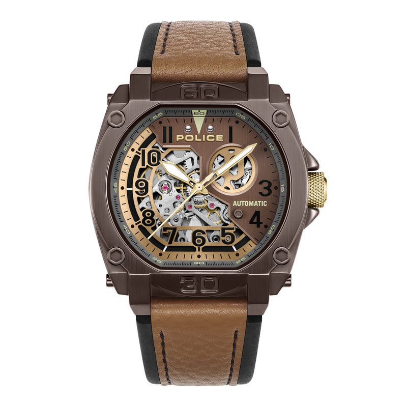 Police Herren Armbanduhr Analog Quarz Leder Braun Gold 42mm - Chronograph Automatik Herrenuhr - Sportliche Herrenuhr