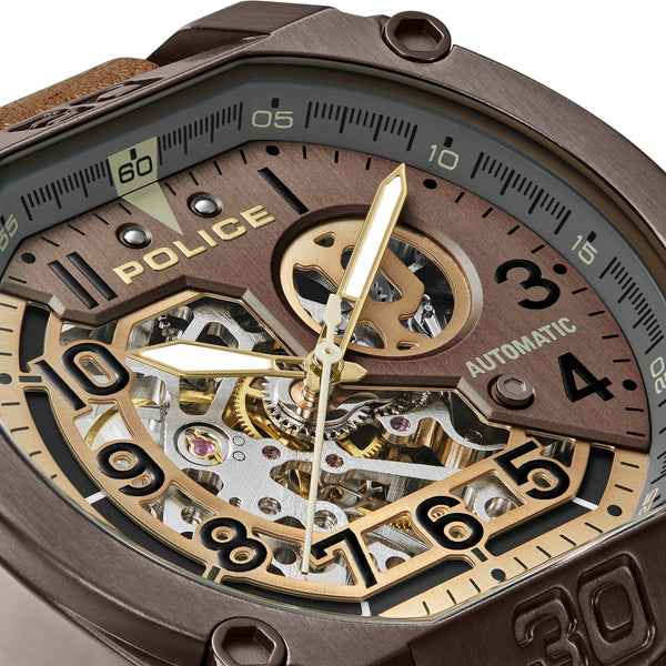 Police Men's Wristwatch Analog Quartz Leather Brown Gold 42mm - Chronograph Automatic Men's Watch - Sporty Men's Watch