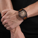 Police Herren Armbanduhr Analog Quarz Leder Braun Gold 42mm - Chronograph Automatik Herrenuhr - Sportliche Herrenuhr
