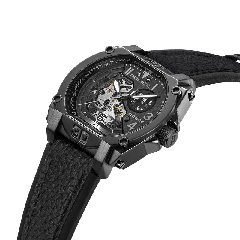 Police Herren Uhr Armbanduhr Analog Automatik Leder Schwarz