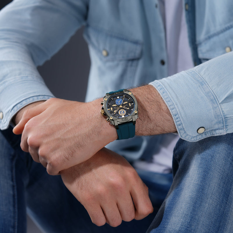 Police Herren Armbanduhr Chronograph Analog Quarz Blau Gold 44 mm Edelstahl Silikon Herrenuhr Uhren