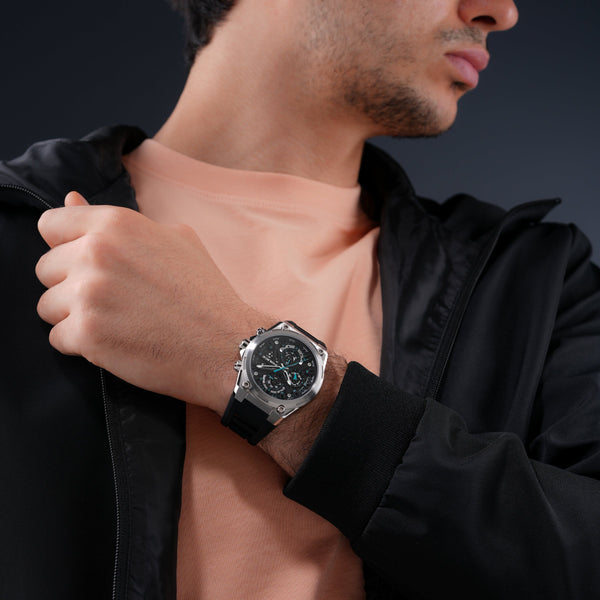 Orologio cronografo da uomo Police Nero/Argento 44 mm Bracciale in acciaio inossidabile/silicone - Orologio cronografo da uomo al quarzo