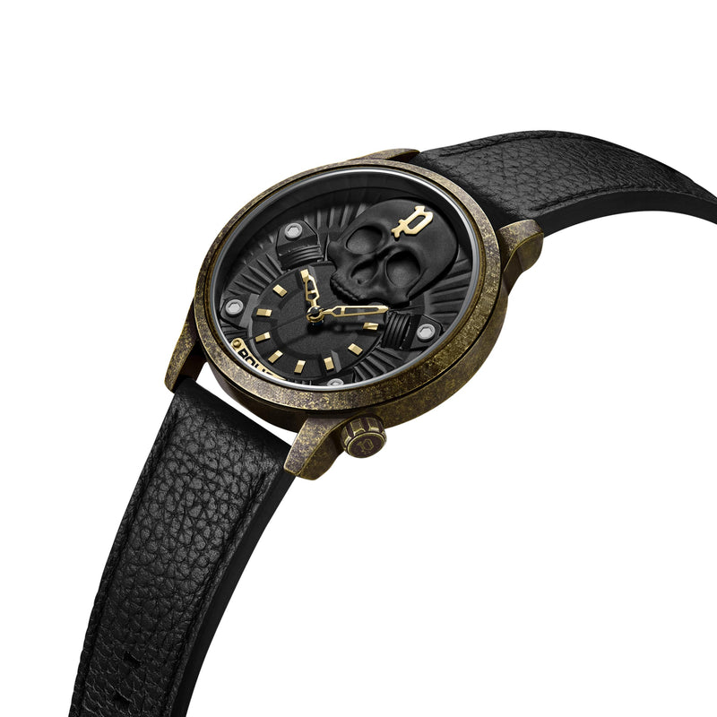 Orologio da uomo Police in pelle nero/oro con teschio, cronografo, orologio da polso