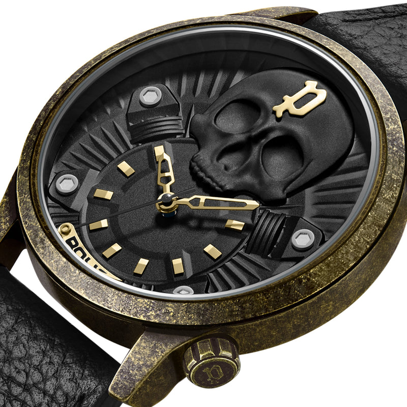 Orologio da uomo Police in pelle nero/oro con teschio, cronografo, orologio da polso