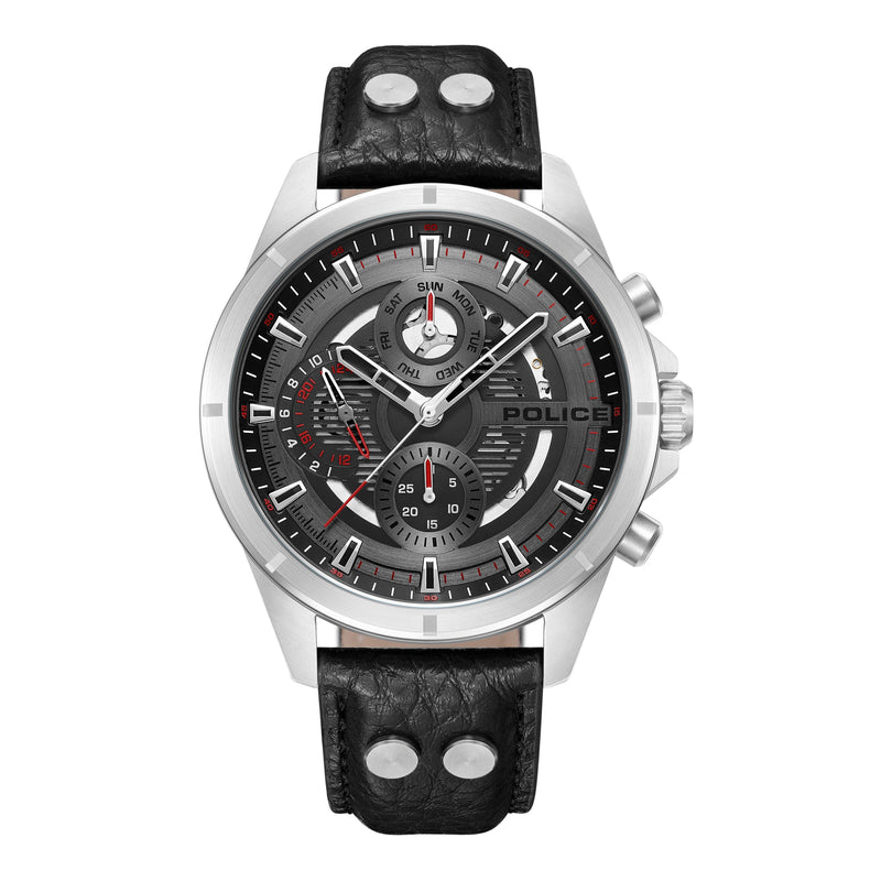 Orologio da uomo Police Cronografo Pelle Nero Argento 46 mm Orologio analogico al quarzo con data e ora