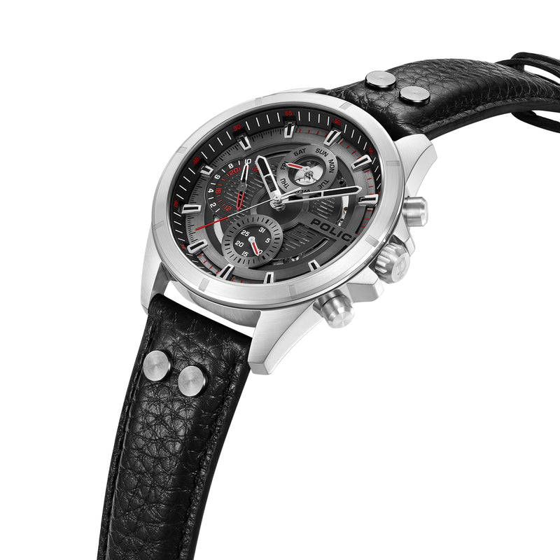 Orologio da uomo Police Cronografo Pelle Nero Argento 46 mm Orologio analogico al quarzo con data e ora