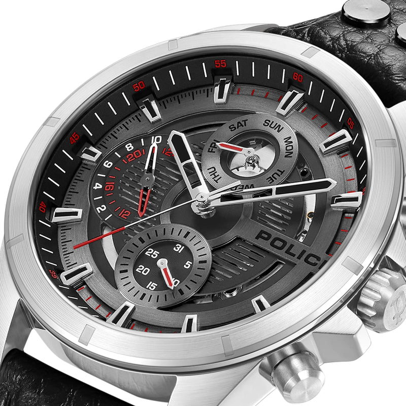 Orologio da uomo Police Cronografo Pelle Nero Argento 46 mm Orologio analogico al quarzo con data e ora