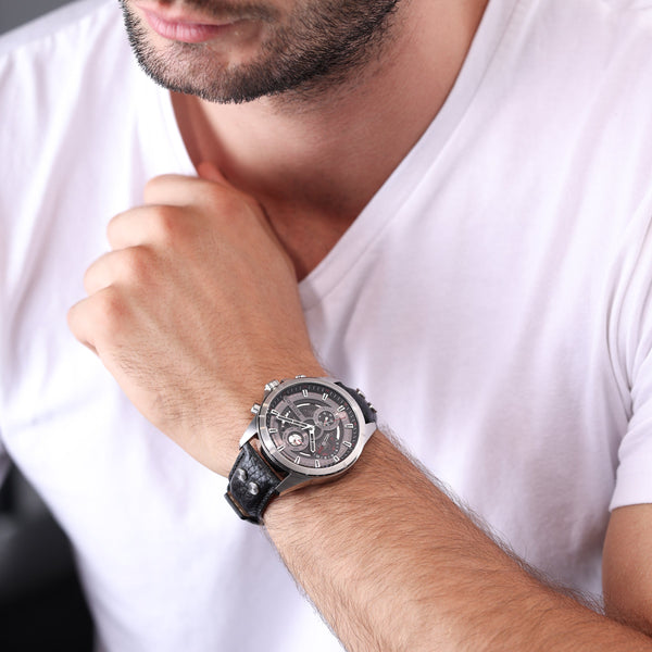 Police Men's Wristwatch Chronograph Leather Black Silver 46mm Analog Quartz Time Date Men's Watch