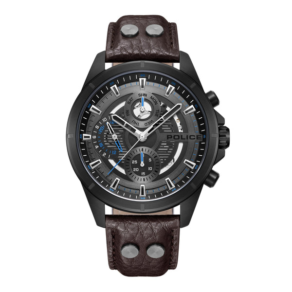 Orologio da uomo Police analogico in pelle nero blu 44 mm cronografo da polso da uomo