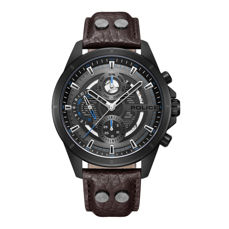 Police Men's Wristwatch Analog Leather Black Blue 44mm Chronograph Men's Watch Wrist