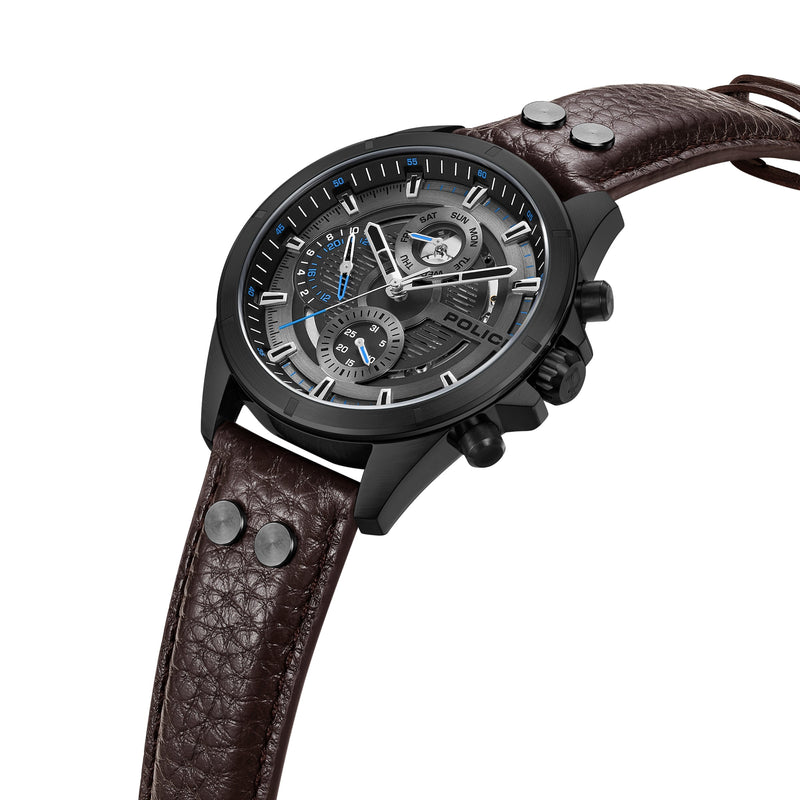 Police Men's Wristwatch Analog Leather Black Blue 44mm Chronograph Men's Watch Wrist