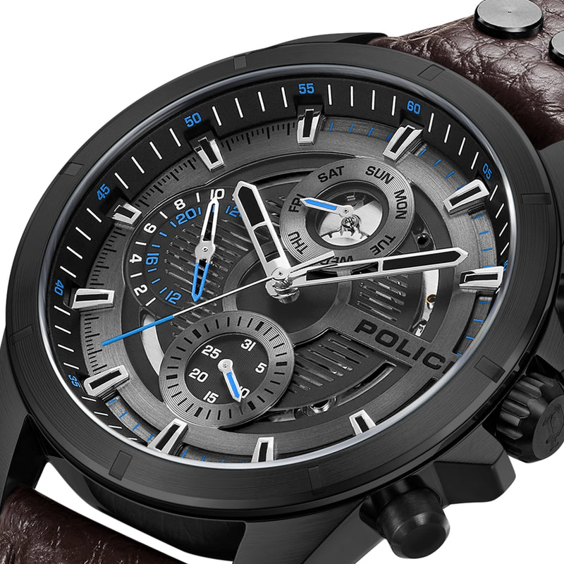 Police Men's Wristwatch Analog Leather Black Blue 44mm Chronograph Men's Watch Wrist
