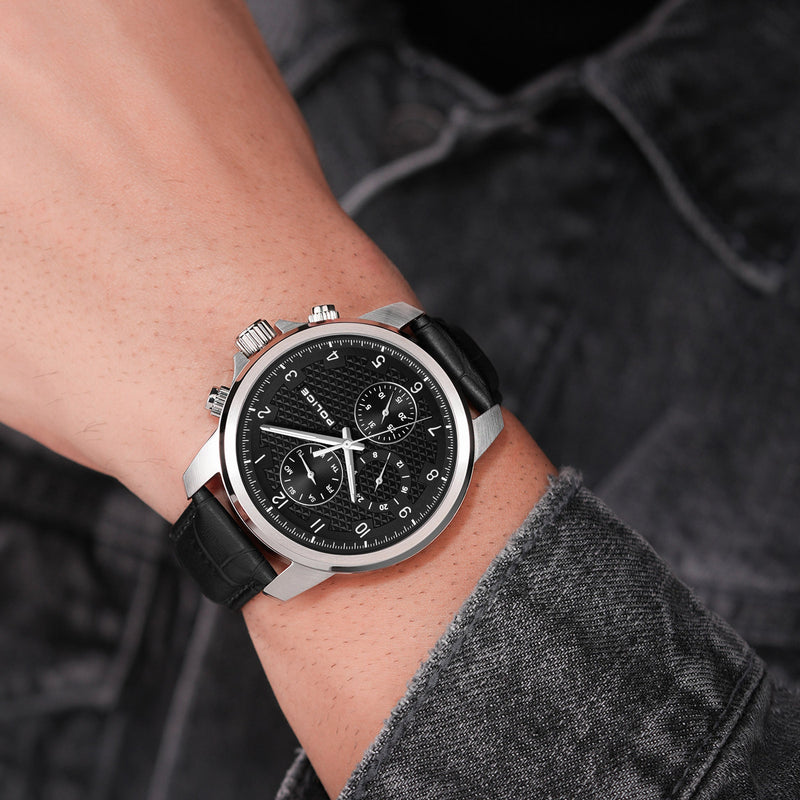 Orologio da uomo Police in pelle nera, cronografo, orologio da uomo, analogico, al quarzo, data e ora, bracciali