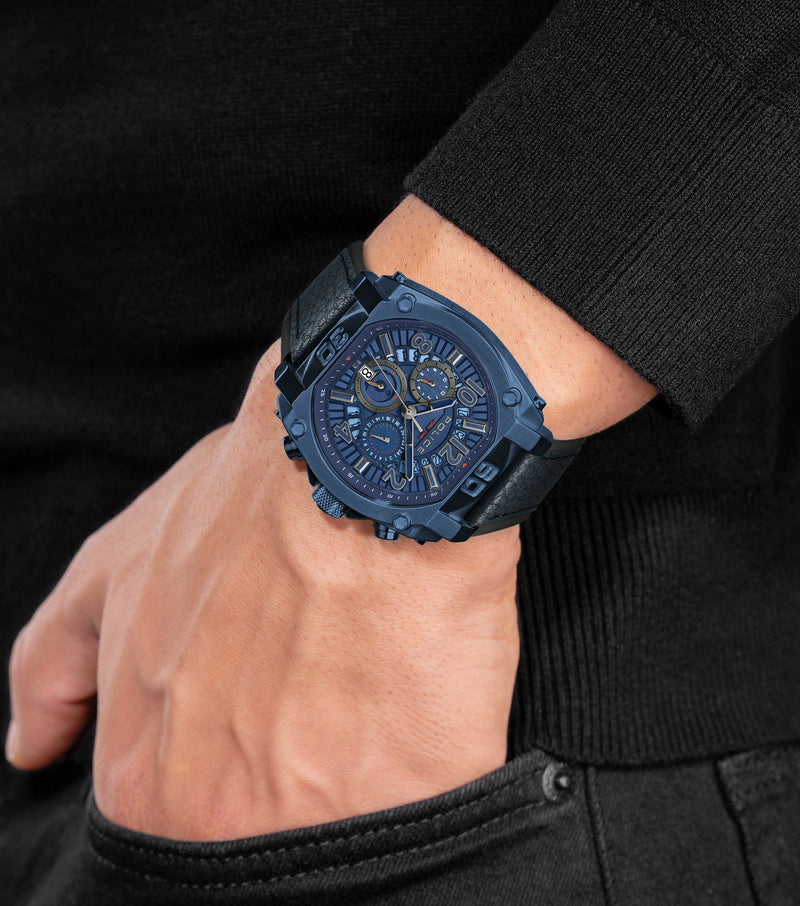 Police Men's Wristwatch Analogue Chronograph Leather Blue 44 mm Men's Watch - Timepieces - Watches