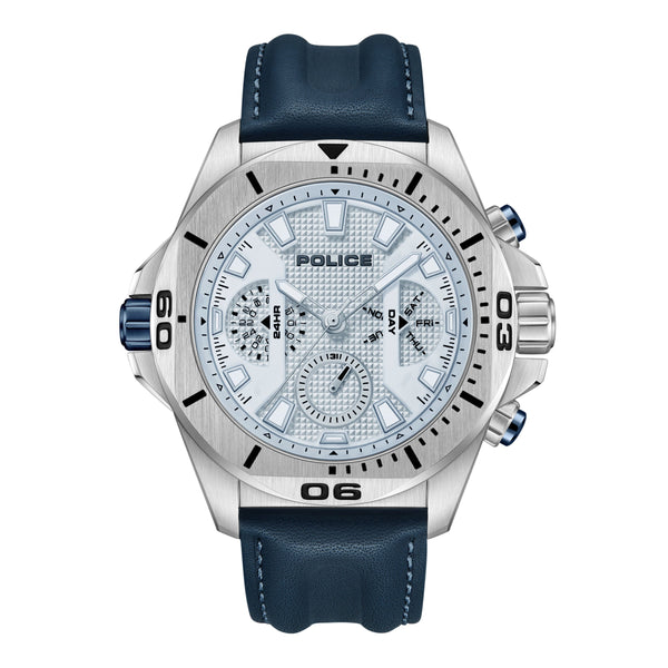 Orologio cronografo da uomo Police Orologio in pelle blu/argento Orologio da uomo Cronografo da uomo