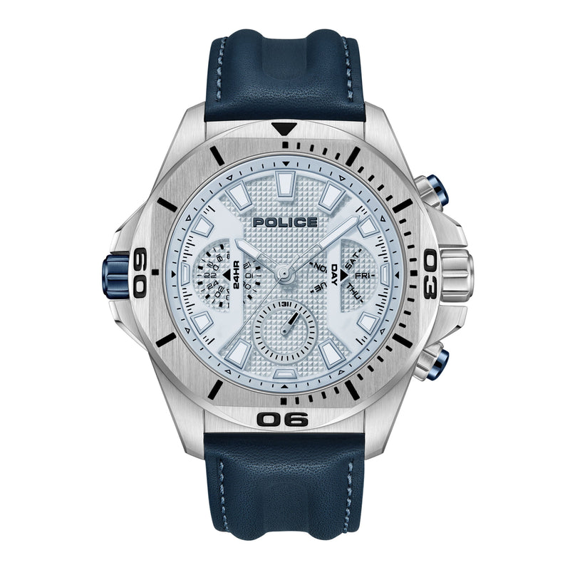 Orologio cronografo da uomo Police Orologio in pelle blu/argento Orologio da uomo Cronografo da uomo