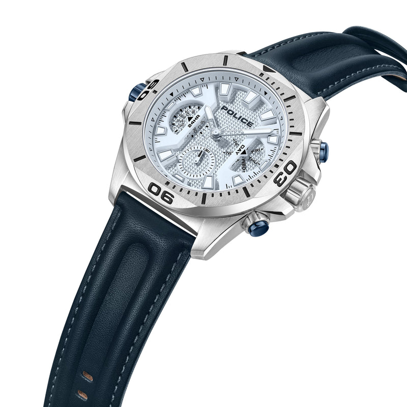 Orologio cronografo da uomo Police Orologio in pelle blu/argento Orologio da uomo Cronografo da uomo